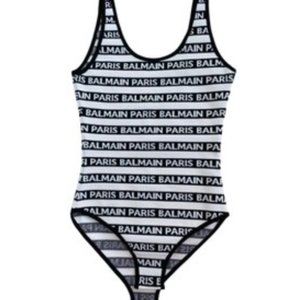 BALMAIN White with Black Written Body Suit tank